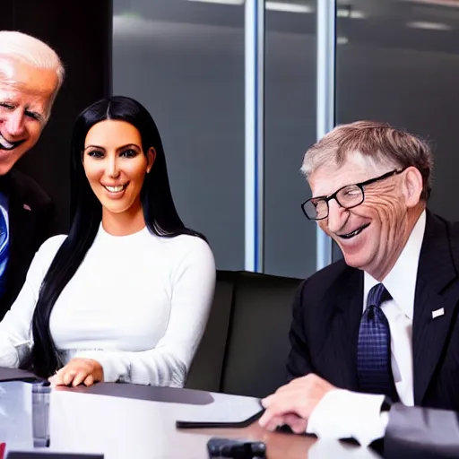 Image similar to stock photo of kim kardashian, joe biden, and bill gates wearing suits and ties laughing in an office building, 8k resolution, full HD, cinematic lighting, award winning, anatomically correct