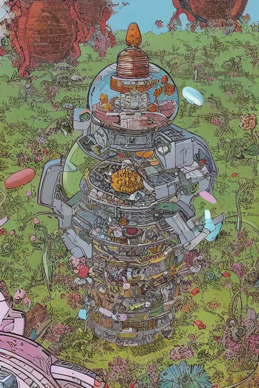 Image similar to exotic garden spaceship in space in the style of geof darrow, geof darrow art,