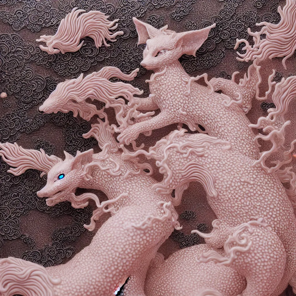 Image similar to A Close up photo-real delicate ceramic porcelain sculpture of an ornate detailed kitsune in front of a intricate background by Victo Ngai and takato yamamoto, micro detail, backlit lighting, subsurface scattering, translucent, thin porcelain, octane renderer, Pink and Black, physically based rendering, japanese pottery, trending on cgsociety