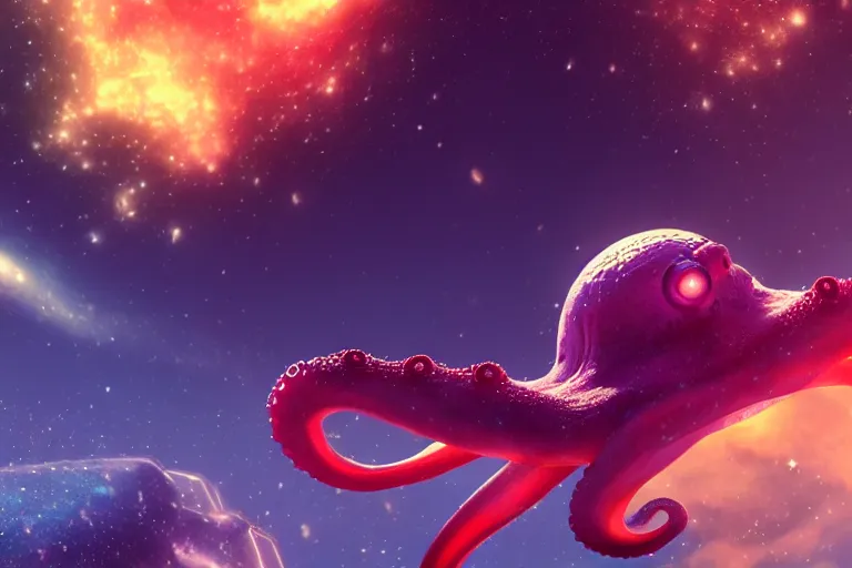 Prompt: an octopus, swimming in space, nebula and galaxy background, artstation, 8 k, makoto shinkai, octane render, very detailed