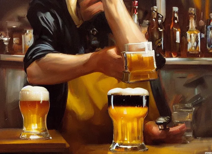 Image similar to greg manchess still life painting of a delicious mug of beer in a dieselpunk bar, organic painting, matte painting, bold shapes, hard edges, street art, trending on artstation, by huang guangjian and gil elvgren and sachin teng