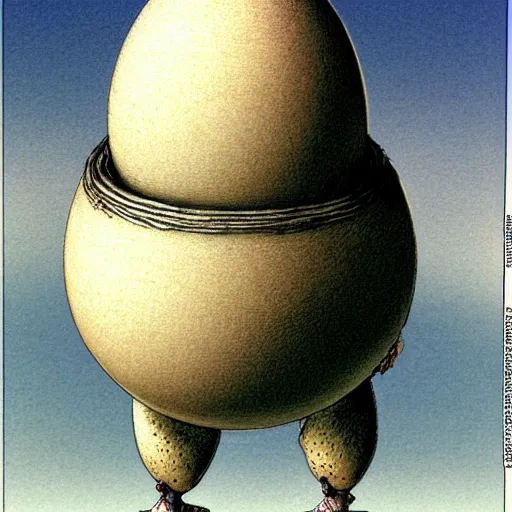 Prompt: egg humpty dumpty front view by by luis royo and wayne barlowe,