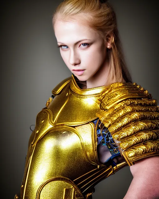 Image similar to pastel portrait of woman in shining golden armor, high production value, intricate details, high resolution, hdr, high definition, masterpiece, realistic, ultrarealistic, highly detailed, hd, sharp focus, non blurry, sharp, smooth