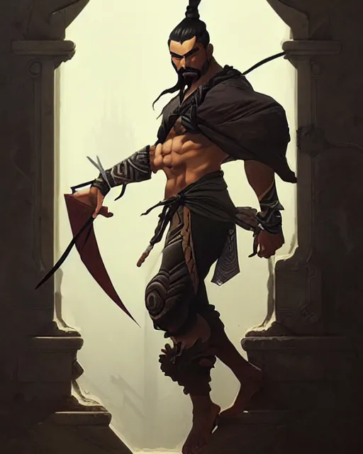 Image similar to hanzo from overwatch, character portrait, concept art, intricate details, highly detailed by greg rutkowski, michael whelan and gustave dore