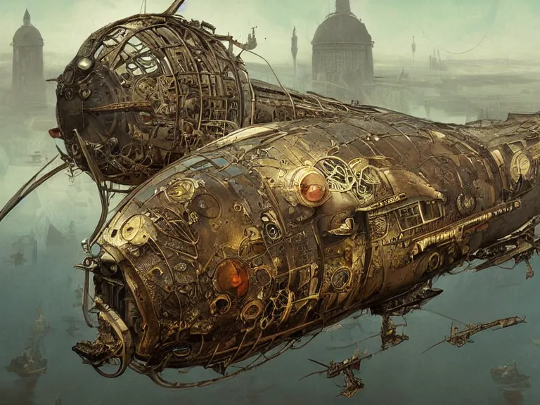 Prompt: steampunk zeppelin, rusted, ornamental, gritty, science fantasy, matte painting, by artgerm, greg rutkowski, alphonse mucha, mtg illustration