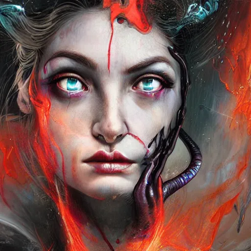 Prompt: a dream portrait of a gorgeous succubus stealing a soul, beautiful, terrifying, melting, webbing, 8 k, by tristan eaton, stanley artgerm, tom bagshaw, greg rutkowski, carne griffiths, ayami kojima, beksinski, giger, trending on deviantart, face enhance, hyper detailed, minimalist, horror, alien