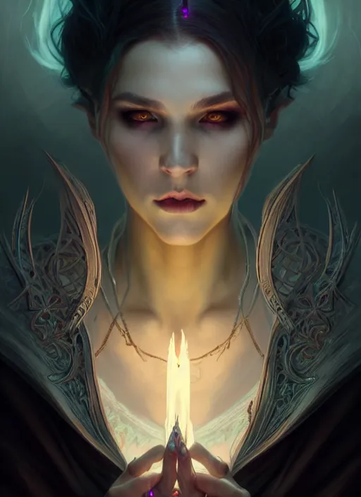 Image similar to Necromancer Sorceress, fantasy magic, undercut hairstyle, dark light night, intricate, elegant, sharp focus, illustration, highly detailed, digital painting, concept art, matte, art by WLOP and Artgerm and Greg Rutkowski and Alphonse Mucha, masterpiece