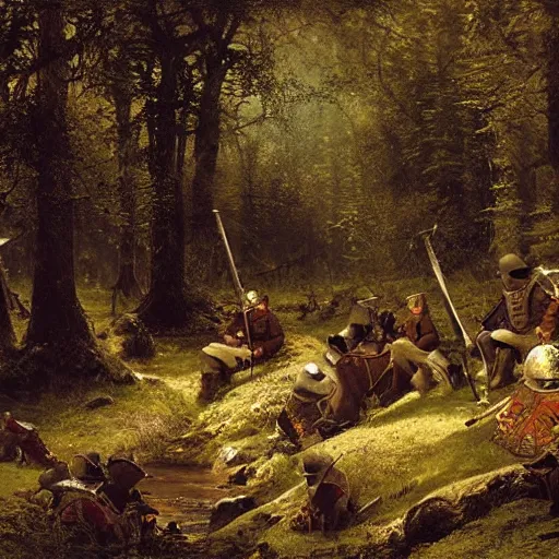 Prompt: a small group of medieval european knights are resting at a small clearing a dark wood along a small stream, highly detailed, digital painting, sharp focus, by alber bierstadt greg rutkowski