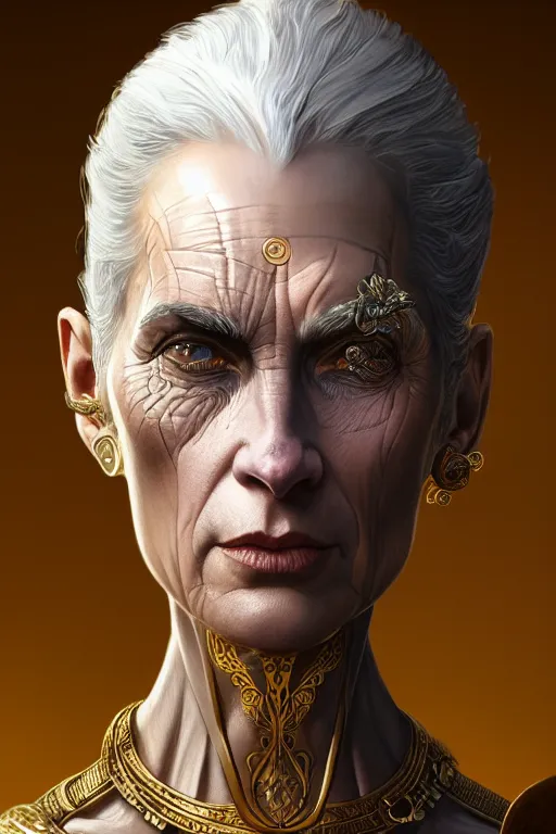 Image similar to portrait of a middle aged grey haired woman in the style of god of war, golden machine parts, intricate, elegant, highly detailed, digital painting, artstation, concept art, smooth, sharp focus, illustration, art by artgerm and greg rutkowski and alphonse mucha, 8 k