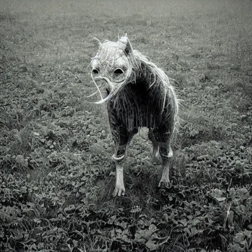 Image similar to A glitchy animal like creature standing in a lush green field, photograph, 2010 photograph, eerie