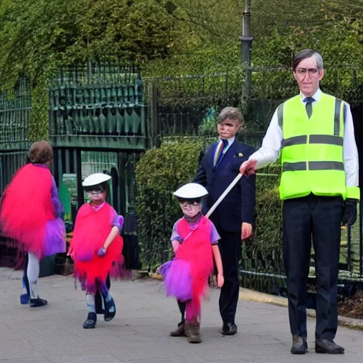 Prompt: photo of jacob rees - mogg working as a lollipop lady