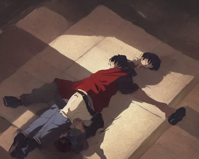 Prompt: a 50 year old brunnete chinese man lying on the floor and crying, horror scene, dramatic, shot from the top, anime art, Greg Rutkowski, studio ghibli, dramatic lighting