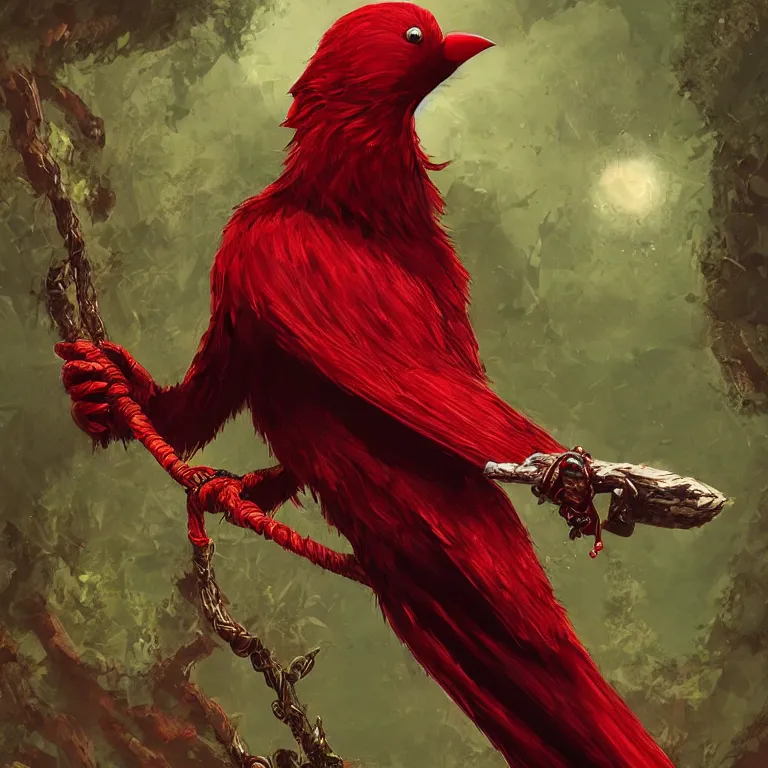 Prompt: a red Kenku druid holding a vine whip, fantasy art, digital art, 4K,