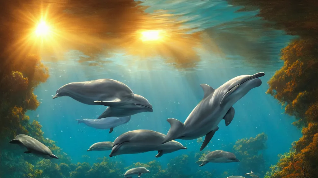 Image similar to underwater, sun rays shining through the water surface, dolphins swimming, peaceful, amazing, by andreas rocha and john howe, and Martin Johnson Heade, featured on artstation, featured on behance, golden ratio, ultrawide angle, f32, well composed