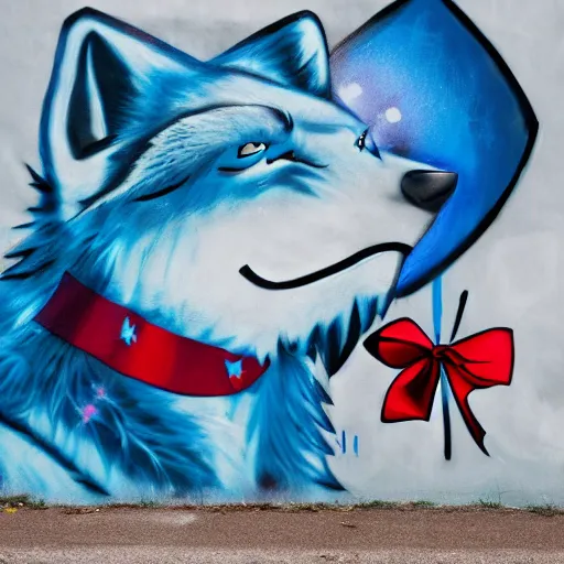 Prompt: photo of a graffiti mural of a blue anthropomorphic wolf wearing a red neckerchief, graffiti, mural, street art, anthro wolf, furry art, furaffinity, 4 k