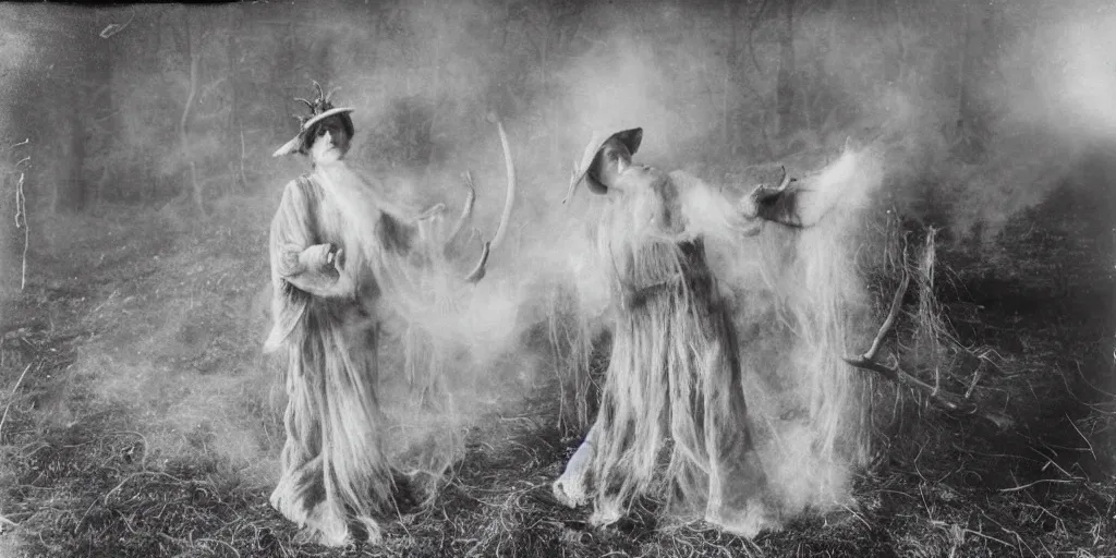 Prompt: 1 9 2 0 s spirit portrait photography of an old female farmer turning into a krampus ghost with hay cloth and antlers in the dolomites, smoke from mouth, casting a giant root spell, inviting hand, witchy, wicca, by william hope, dark, eerie, grainy