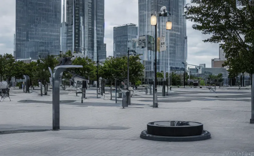 Image similar to photo of a futuristic landscape with futuristic buildings!, (((alien lamp posts))) , sidewalks with scattered benches on the sides, fountain in the middle, highly detailed, high quality, HD, 4k, 8k, Canon 300mm, professional photographer, 40mp, lifelike, top-rated, award winning, realistic, sharp, no blur, edited, corrected, trending