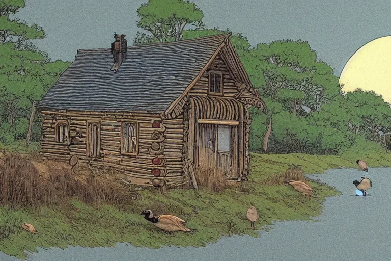 Image similar to country road cabin goose by moebius