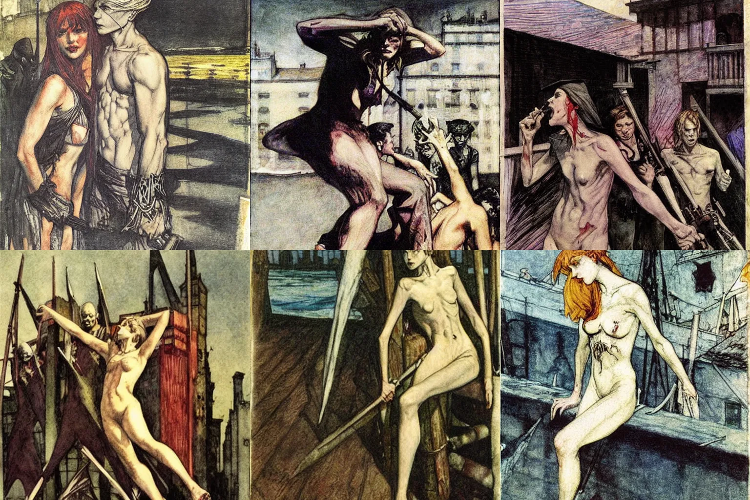 Prompt: anarchy rises from the blood tide. painting by edward hopper, arthur rackham and milo manara