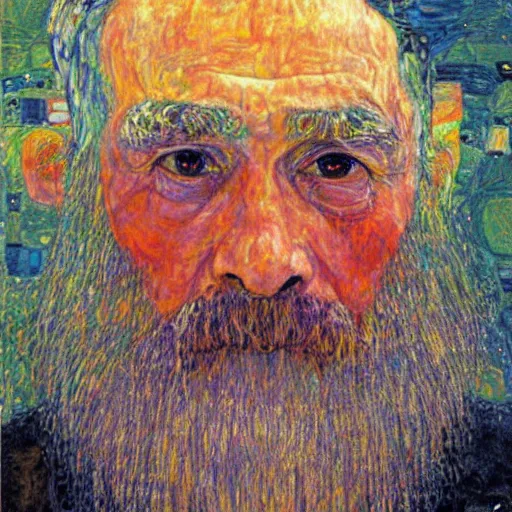 Prompt: detailing character concept portrait of old man by Gustav Klimt, on simple background, oil painting, middle close up composition