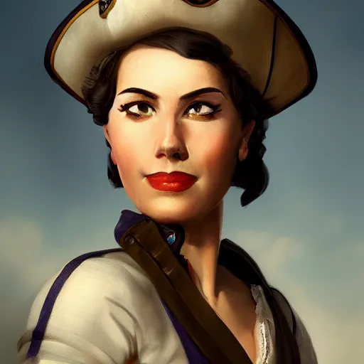 Image similar to smiling, teasing, beautiful, intelligent female pirate captain 2 8 years old, 1 9 4 0 s haircut, fully clothed, wise, beautiful, 1 7 5 0 s oil painting, dramatic lighting, trending on artstation, sharp focus