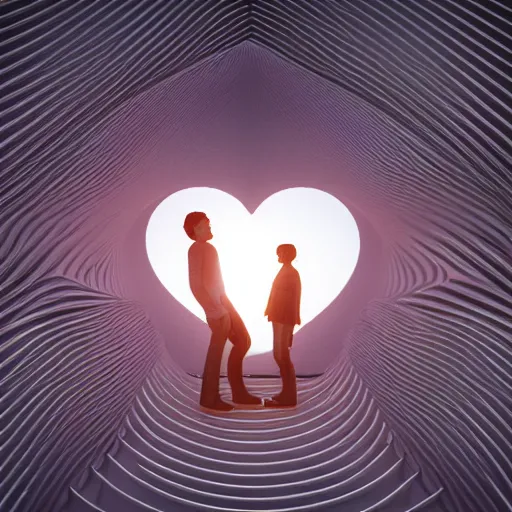 Image similar to perfectly centered symmetrical balanced male and female portrait of man and woman in love sharing one heart. art by santiago calatrava, high coherence ; 3 d render 8 k octane ultra hd