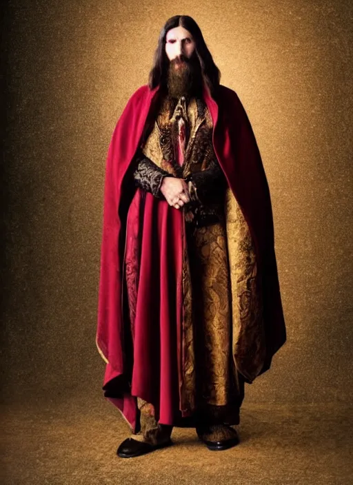 Image similar to full body portrait of a 30 year old RASPUTIN in a STOIC POSE, wearing a highly detailed deep purple and crimson robe with cloak with gold filgree. Sword on Rasputin's back. Cinematic dynamic lighting with backlight. ACTION POSE. portrait by Annie Leibovitz
