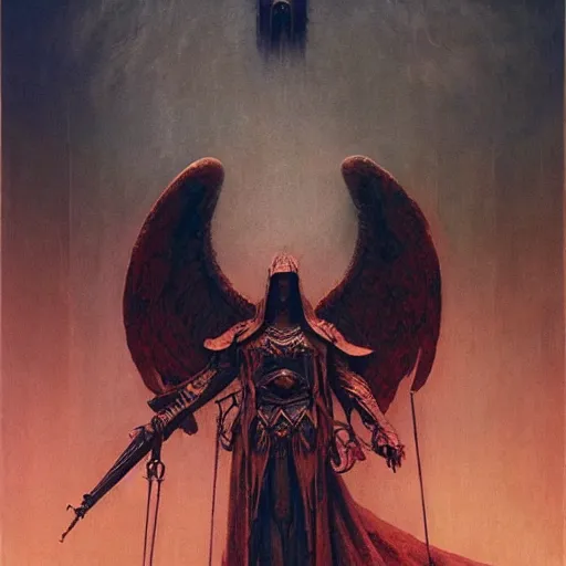 Prompt: archangel judgement, by beksinski, wayne barlowe, ruan jia, adrian smith fantasy art