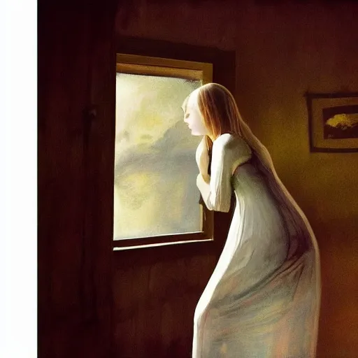 Image similar to Elle Fanning in the painted world of RE7, head and shoulders masterpiece, apocalypse, golden hour, cosmic horror, artstation, in the style of Andrew Wyeth and Edward Hopper and Bosch, extremely detailed