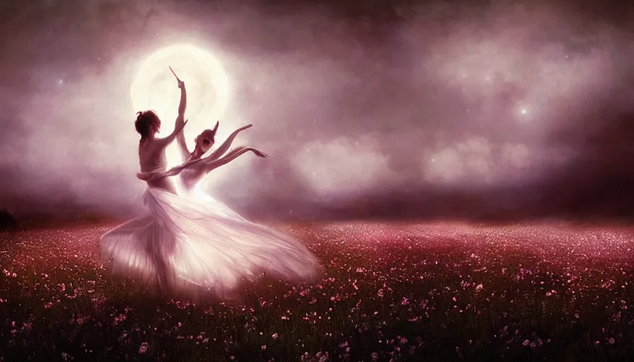 Prompt: dancers in white lit only by the moon, dancing across a flower meadow the twilight dance of the fae by aleksi briclot, greg rutkowski and ivan aivazovsky, contemporary dancers dancing artistic photography movement photorealistic volumetric cinematic light, award - winning, atmospheric fantasy sky