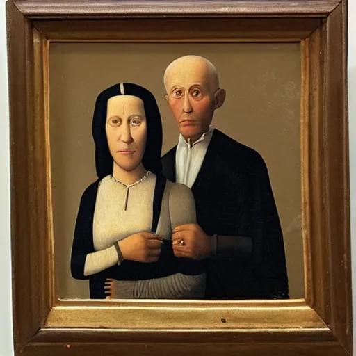 Image similar to a 3 / 4 portrait of an older nice jewish couple from 1 5 0 0 s, by grant wood