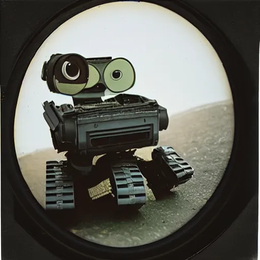 Image similar to WALL-E returning from the war, old polaroid