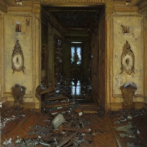 Prompt: Entry hall of an old scary villa, furniture falling apart, oil painting, by Fernanda Suarez and Edgar Maxence and greg rutkowski