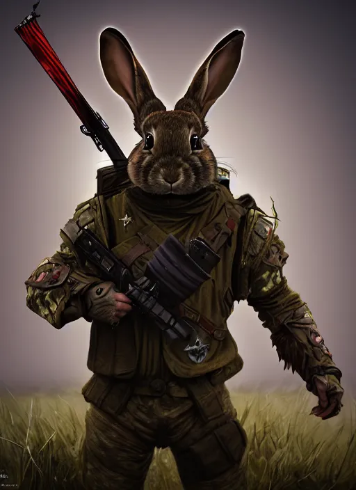 Image similar to an epic fantasy comic book style portrait painting of an militar rabbit in a battlefield, menacing. unreal 5, daz, hyperrealistic, octane render, cosplay, rpg portrait, dynamic lighting