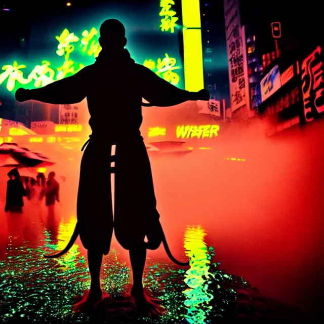 Prompt: cyber monk water dance supreme water fist, detailed animal form water, fighting stance energy, shibuya prefecture, cinematic neon uplighting, fog mist smoke, photorealistic, night photography by tomino - sama