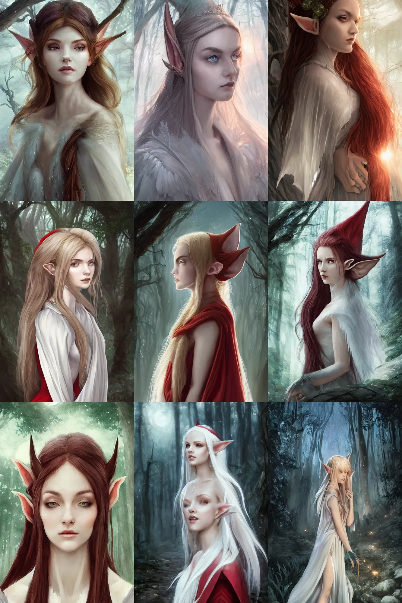 Prompt: side portrait headshot high-fantasy elf girl with detailed pointed sharp long ears, translucent off-white gown and cloak, fantasy forest landscape, moonshine, fantasy magic, feathery red hair, dark light night, intricate, elegant, sharp focus, illustration, highly detailed, digital painting, concept art, matte, art by WLOP and Artgerm and Greg Rutkowski and Alphonse Mucha, masterpiece