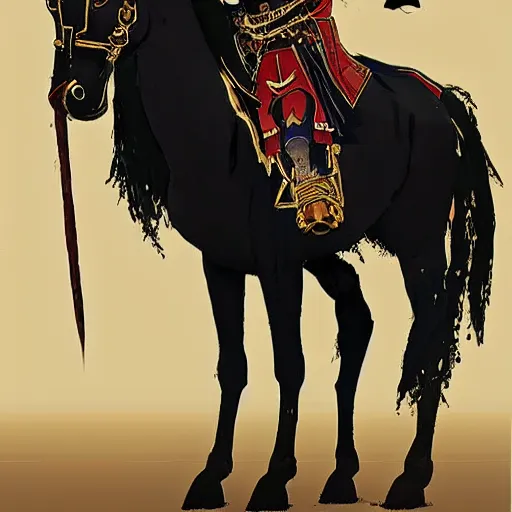 Prompt: an illustration for a new video game, by square enix, about a hero who fights for his nation, very realistic detail depiction with all perfection in even the smallest parts, wearing a turban and also a black horse, his clothes are very desert patterned, and also symmetrical, perfect shape, and also very detailed, this illustration is drawn by yoshitaka amano