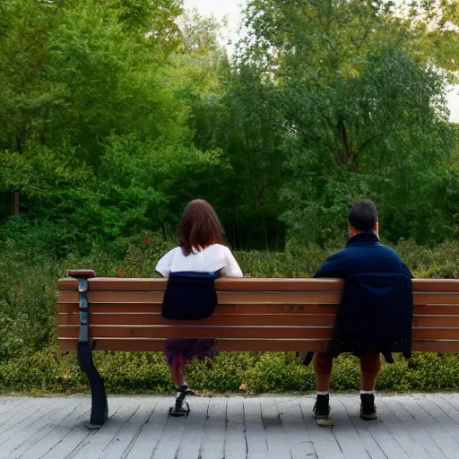 Prompt: a couple sitting on a park bench, long exposure