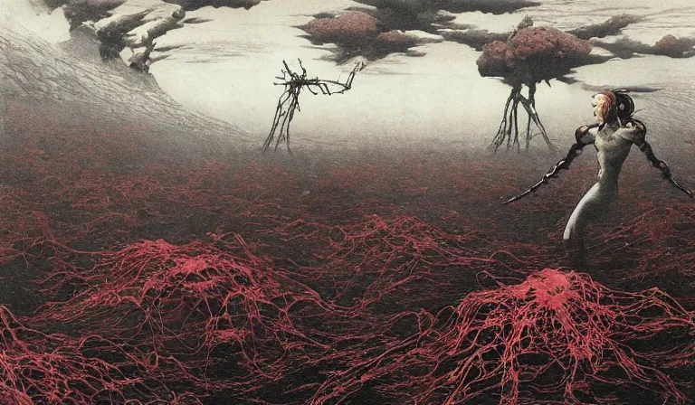 Image similar to still frame from Prometheus by Jakub rozalski by utagawa kuniyoshi by Yves Tanguy, Vast blossoming hell plains with resurrecting crimson filament mycelium biomechanical giger cyborgs in style of Jakub rozalski with character designs by Neri Oxman, metal couture haute couture editorial