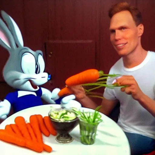 Image similar to jerma 9 8 5 and bugs bunny eating carrots together