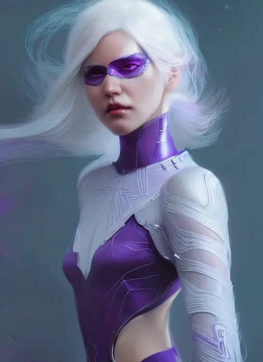 Image similar to a beautiful white - haired girl with purple eyes dressed as a superhero, intricate, elegant, highly detailed, digital painting, artstation, concept art, smooth, sharp focus, illustration, ethereal, misty, by ilya kuvshinov and jeremy mann, 8 k, octane render