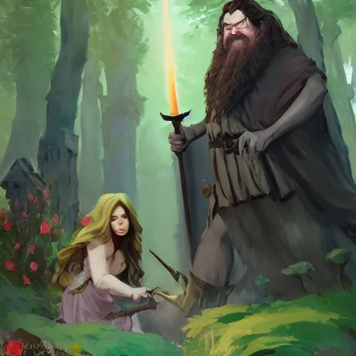 Image similar to hagrid the viking and gothic medieval morticia addams walking in enchanted forest in a sunny day, jodhpurs greg manchess painting by sargent and leyendecker, studio ghibli fantasy medium shot asymmetrical intricate elegant matte painting illustration hearthstone, by greg rutkowski by greg tocchini by james gilleard