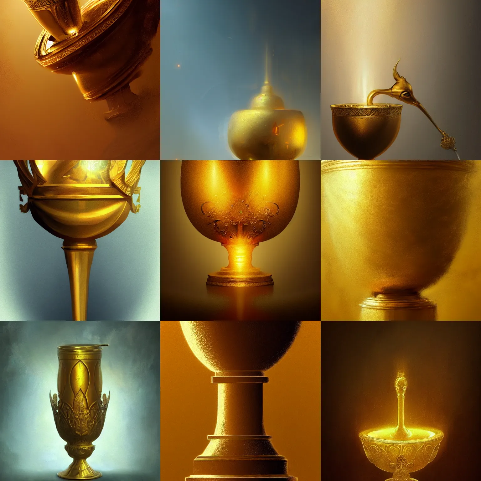 Prompt: beautiful aesthetic inspirational digital painting of a close - up golden goblet, by greg rutkowski, trending on artstation, volumetric light.