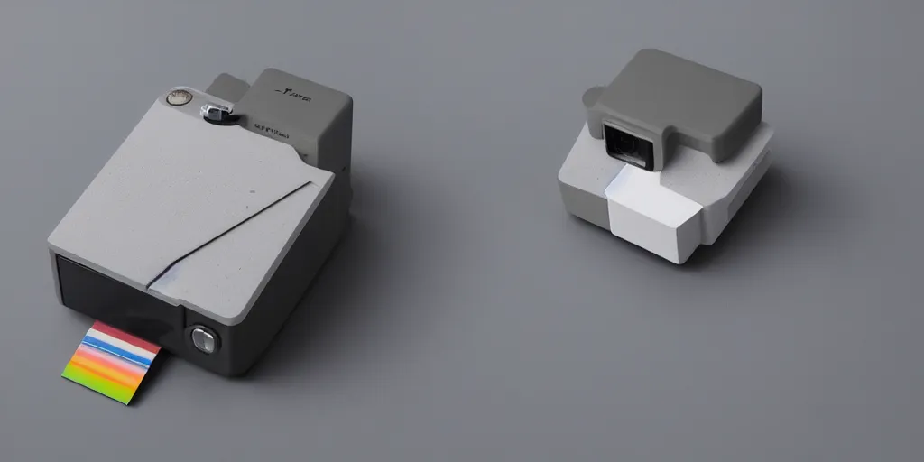 Image similar to a polaroid camera inspired by brutalist architecture, isometric design made of concrete, detailed product photo