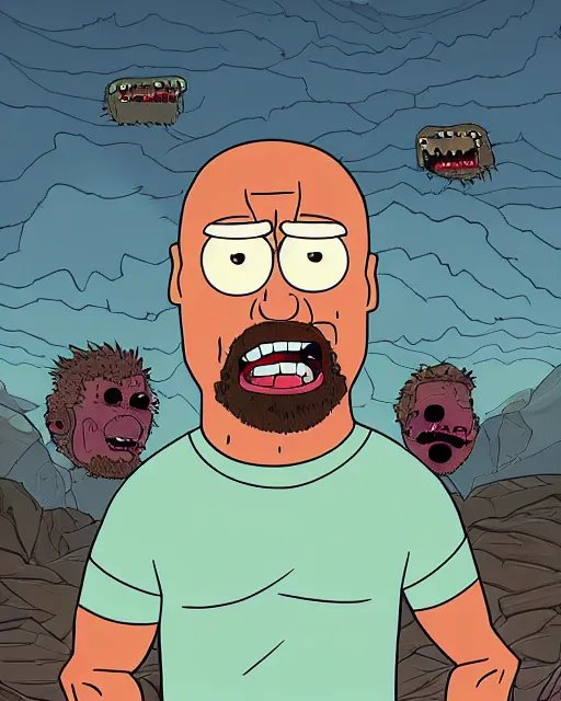 Prompt: portrait of dwayne johnson in the style of justin roiland. ugly, creepy, demonic, horror. cinematic lighting. style of rick & morty. photographic, photography. by justin roiland