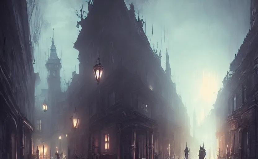 Image similar to Victorian city streets night, bloodborne, Greg Rutkowski, digital art, artstation