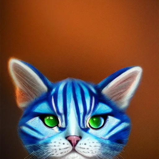 Image similar to cute blue striped cat of cheshire from alice in wonderland. an adorable cat with light blue stripes, blue eyes and a big playful smile. award - winning digital art by mona sundberg, trending on artstation