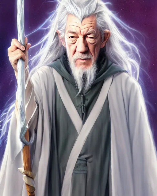 Prompt: portrait Anime joyful Gandalf Ian McKellen; White robe with wooden wizard staff, elven background || cute-fine-face, pretty face, realistic shaded Perfect face, fine details. Anime. realistic shaded lighting by katsuhiro otomo ghost-in-the-shell, magali villeneuve, artgerm, Jeremy Lipkin and Michael Garmash and Rob Rey Ilya Kuvshinov