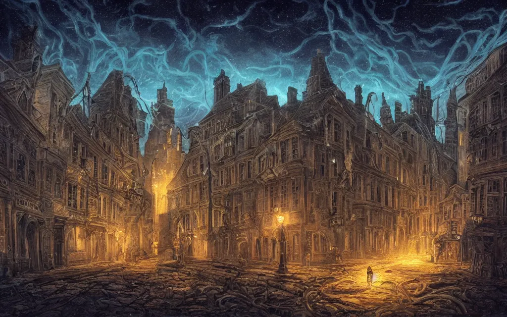 Prompt: An (18th century) (lovecraftian) gothic city at night with a star filled sky. (Greasy) luminescent cables are emerging from cracks on the ground. Highly detailed, digital art, vibrant colors, concept art, low angle shot, super wide shot, ((fish eye)), 4k.