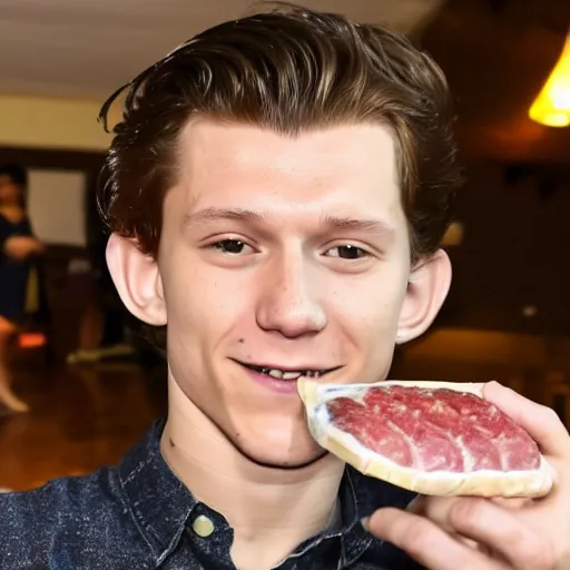 Image similar to Tom Holland eating spam musubi